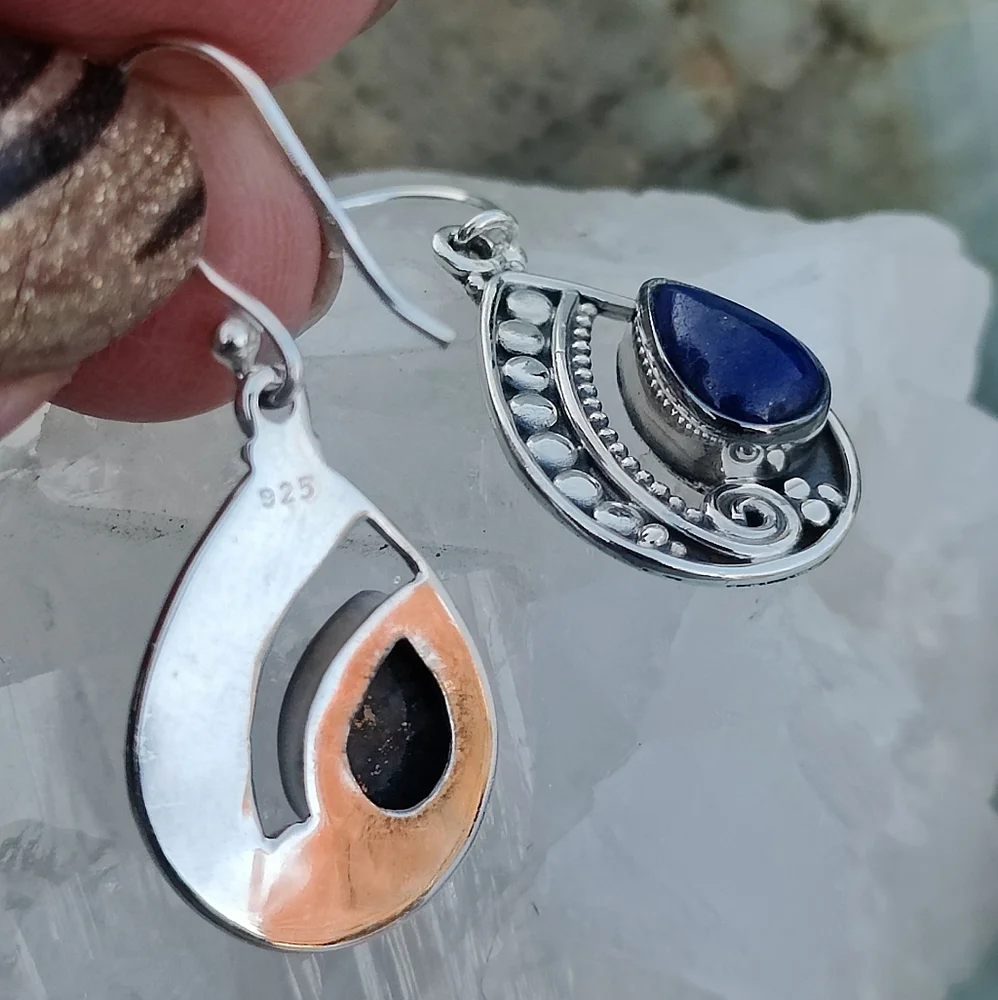 Natural Mined Lapis Lazuli & Sterling Silver Dangle Earrings - Picture 3 of 4